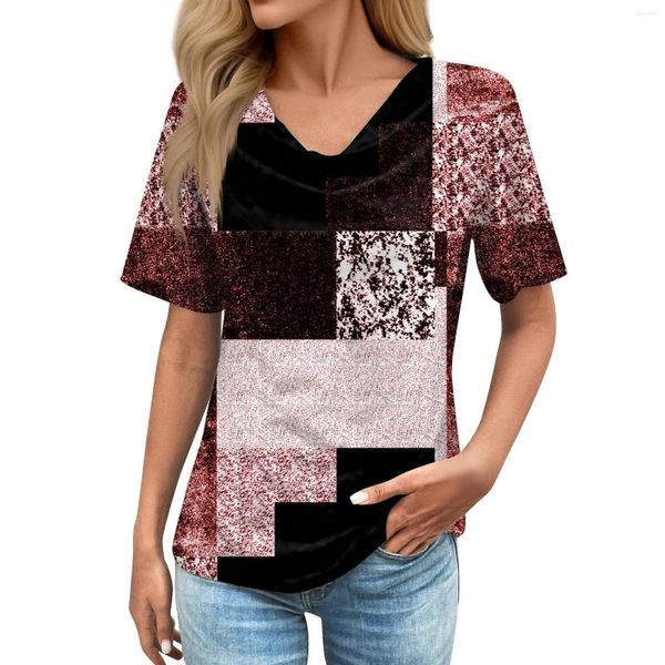 Kadın Tişörtleri Plus Street Giyim Tişört Kazık Yaka Retro Geometrik Baskı Kısa Kollu 2024 Yaz