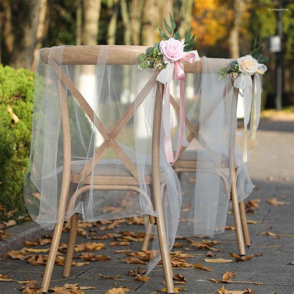 Dekoratif Çiçekler Zarif Yapay Gül Çiçeği Düğün Sandalyesi Dekorasyonları Yeşil Yapraklar El Yapımı Şifon Şeritleri Tezgah Partisi Diy Dekor