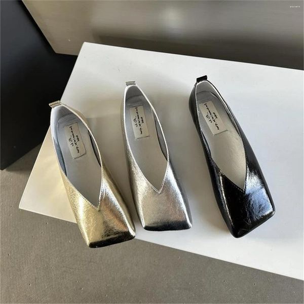 Sapatos casuais bailarinas femininas 2024 dedo do pé quadrado preto prata dourado chique couro patente verão mary jane sandálias ballet apartamentos bombas