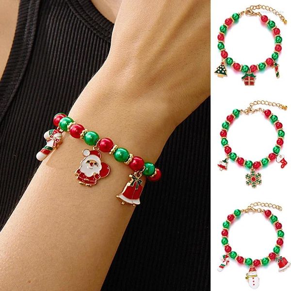 Strang Mode Rot Grün Perlen Weihnachten Armband Santa Claus Weihnachten Baum Krücke Glocke Anhänger Armbänder Für Wome Jahr Party Geschenke