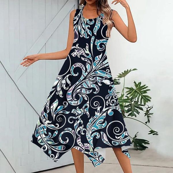 Casual Dresses Blumendruck Bohemian für Frauen 2024 Ärmelloses Tank Strand Sommerkleid Unregelmäßige Party A Line Maxi Kleid Vestidos