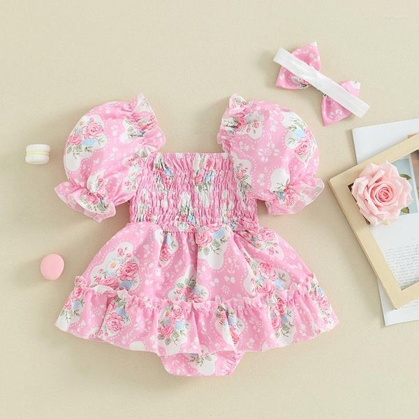 Kleidungssets Baby Mädchen Ostern Outfit Säuglingsspielanzug Kleid Sommer Bodys Bunny Blumendruck Kurzarm Overall mit Stirnband