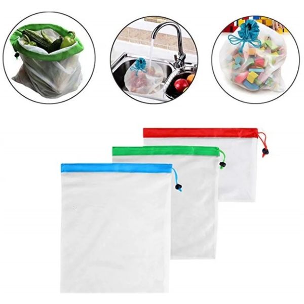 12 Teile/los Wiederverwendbare Gemüse Obst Mesh Produzieren Taschen Bunte Band Waschbar Umweltfreundliche Taschen für Lagerung Spielzeug Kleinigkeiten 240325