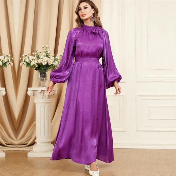 Ethnische Kleidung Satin Damen Langes Kleid Muslim Arabisch Abaya Elegantes Party Abendkleid Schnürkragen Laternenärmel Bescheidene marokkanische Jalabiya