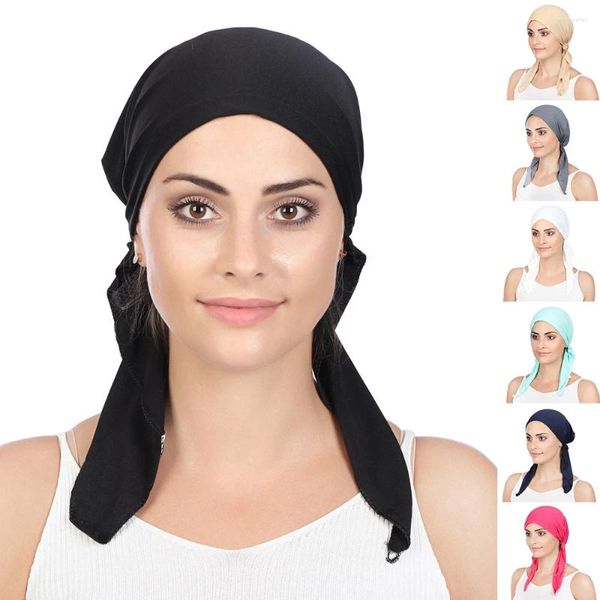 Roupas étnicas na moda Mulheres Bottoming Cap Plain Hijabs Pulôver Chapéu com Cauda Muçulmana Turbante Lenço Envoltório Headcloth Oração Beanie Instantâneo