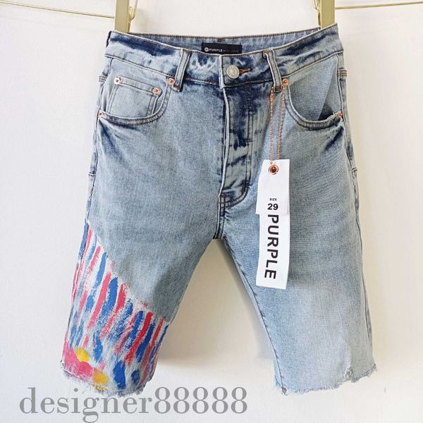 Lila Jeans kurze Herren kurze Designerjeans Straight Löcher lässig Lila Marke Kurzer Nacht Club Blue Men Shorts Style Luxus Patch gleicher Stil Purple 477