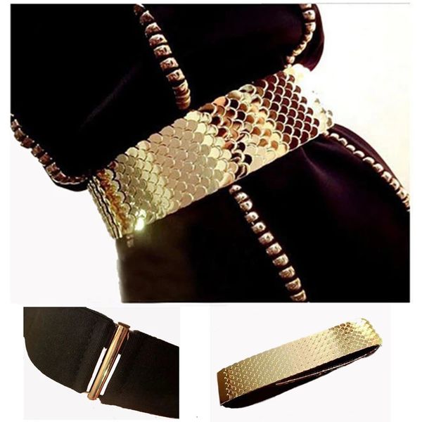 45 cm breiter elastischer schwarzer Gürtel Gold Metall Fischhaut Keeper Markenbund für Frauen Cinto feminino SML bg013 240318