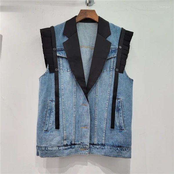 Coletes femininas vintage azul terno colarinho emenda jeans colete mulheres solto longo colete cowboy sem mangas jaqueta casaco bolso jeans feminino