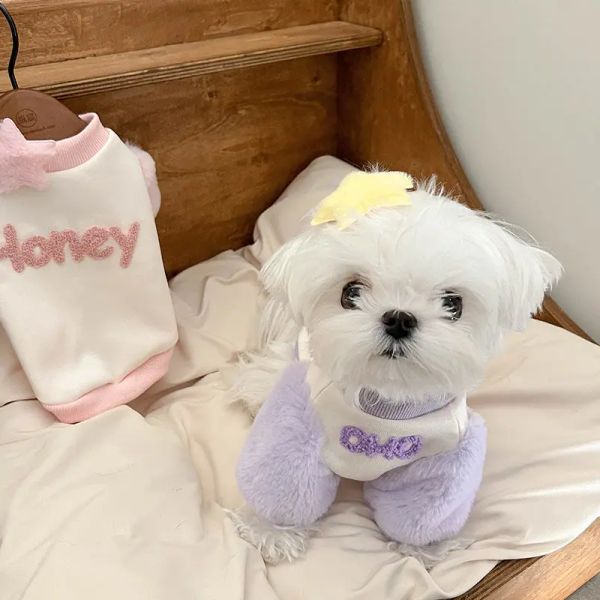 Hoodies Peluş Kollu Hoodie Köpek Giysileri Şeritli Yaka Şeker Renkleri Küçük Köpekler Kedi Sonbahar Kış Kore Moda Sevimli Evcil Hayvan Ürünleri