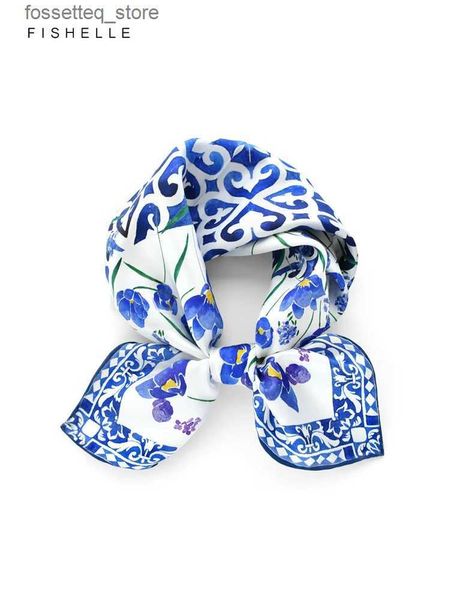 Lenços de porcelana azul e branca pequenos fraents impressos lenços de seda natural feminino sarja seda hijab lenços de seda reais lenço L240322