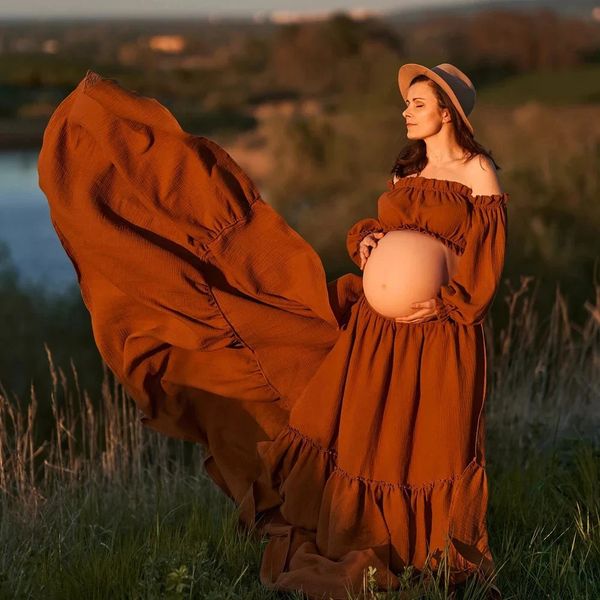 Boho-Leinen-Baumwollkleid für Mutterschafts-Po-Shooting-Schwangerschafts-Pografie-Requisite Schwangere Frauen tragen bequeme Vintage-Kleider 240309