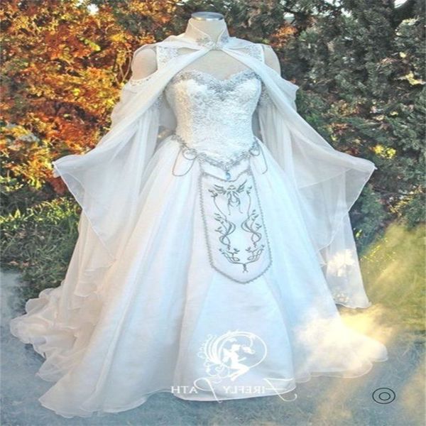 Vestidos de casamento viking de fantasia renascentista 2024 apliques de renda bordado medieval élfico vestidos de noiva flare manga longa vestido de noiva romano grego com capa
