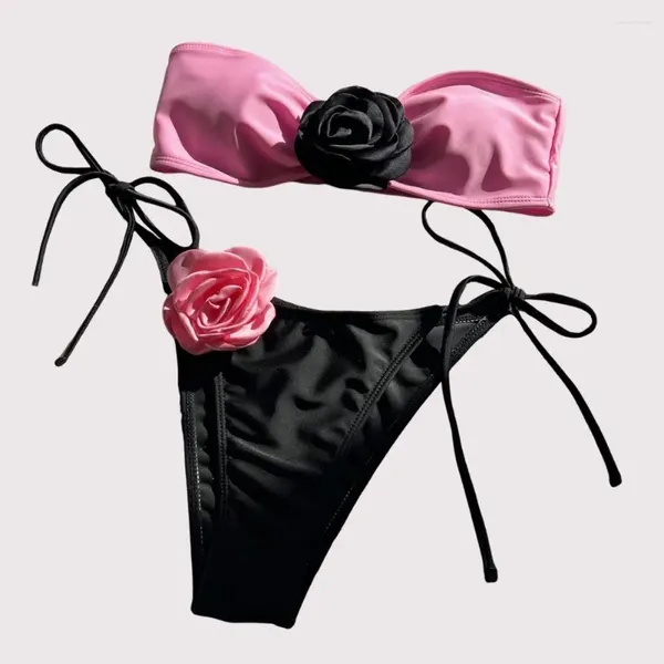 Damen-Badebekleidung, dehnbarer Badeanzug, sexy Bikini-Oberteil mit kontrastierenden Nähten, florales Schnür-Bandeau-Set, Patchwork-Slip