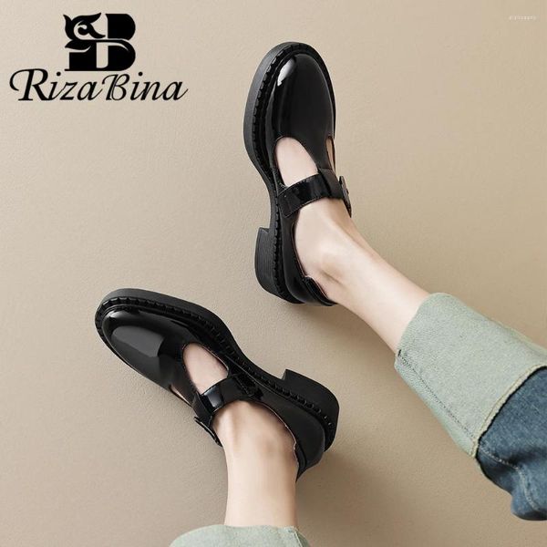 Scarpe Casual RIZABINA Est Décolleté da donna in vera pelle Punta tonda Mocassini con tacco grosso Lady Vintage T-fibbia Per il tempo libero quotidiano Fatti a mano