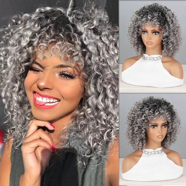 Perucas afro kinky encaracolado com franja para perucas sintéticas cabelo natural prata cinza peruca cosplay fibra resistente ao calor