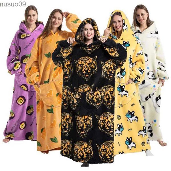 Ev Giyim Kadınları Giyilebilir Battaniye Hoodie Yetişkinler Kış Familyaları için Peluş Pazlan Pijamaları Kalın Geri Geri Sandalyeler Giyinl2403