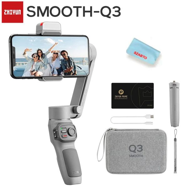 Heads ZHIYUN SMOOTH Q3 Telefone Gimbal 3 Eixos Smartphones Estabilizador portátil para iPhone Android com LED Luz de preenchimento Tripé
