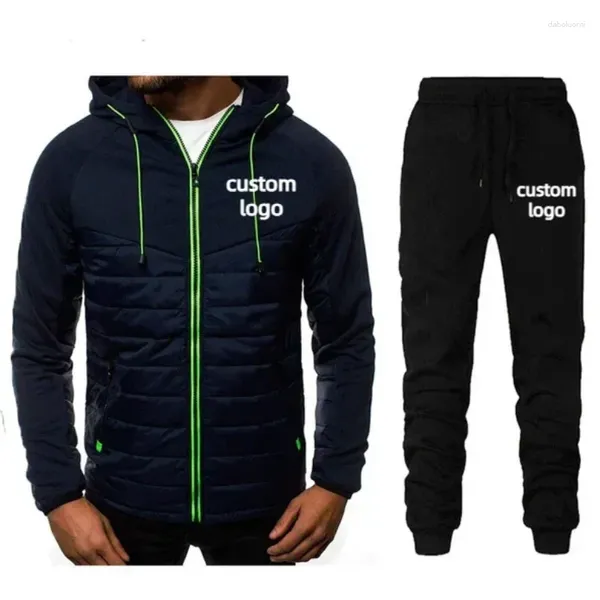 Erkek Trailtsits Custom Logo Trailsuit Marka Sonbahar Kış Kapşonlu Fermuar Kartı ve Pantolon Patchwork 2 Parça Set Fitness Erkek Spor Giyim