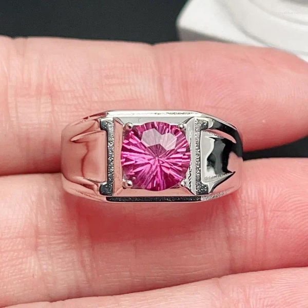 Küme Yüzükleri Parlak Yuvarlak Pembe Topaz Halkası 8mm Erkekler İçin Doğal Takı 925 Gümüş Taşlı Altın Kaplamalı