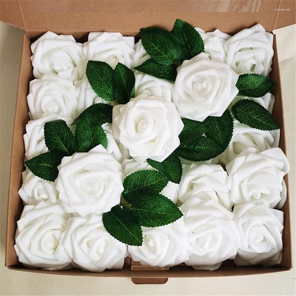 Flores decorativas 25 peças rosas artificiais blush realistas falsas com haste para buquês de festa de casamento diy decorações de casa de chá de bebê