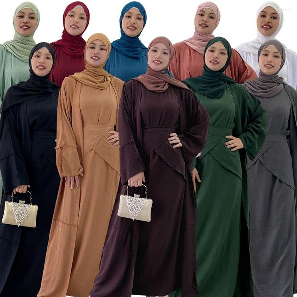 Abbigliamento etnico 2024 Arrivi Abaya Abito per le donne Medio Oriente Moda musulmana Abito Turchia Dubai Tinta unita Abito a tre pezzi