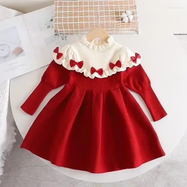 Abiti da ragazza Autunno Inverno Fiocco dolce Abito da principessa rosso Neonate Maglione lavorato a maglia caldo Abiti casual in cotone