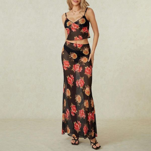 Röcke Damen Sommer Outfits Blumendruck V-Ausschnitt Cami Tops Sheer Mesh Langes 2-teiliges Kleidungsset Streetwear