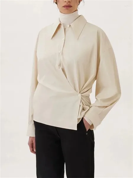 Женские блузки, рубашка для женщин, 2024, смешанный шелк, асимметричная диагональная планка, однотонная винтажная блузка с отложным воротником