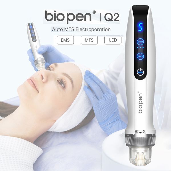 Bio caneta q2 derma caneta ems eletroporação vermelho azul luz terapia microneedle máquina para o crescimento do cabelo anti-rugas máquina de cuidados com a pele