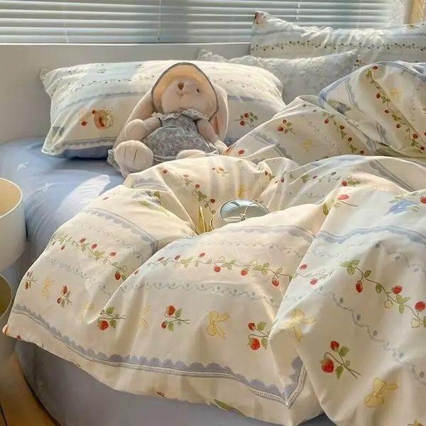 Set di biancheria da letto di moda in stile coreano per bambini adulti Twin Full Queen Size Letto blu Lenzuolo piatto Copripiumino Federe Biancheria da letto floreale 240318