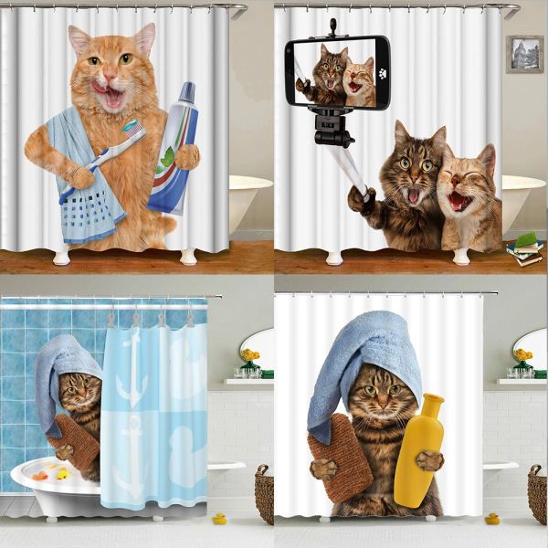 Vorhänge, niedliche Katze, Tier, wasserdicht, Polyester, Duschvorhang mit Haken für Badewanne, Badezimmer, Heimdekoration, großes Wandtuch