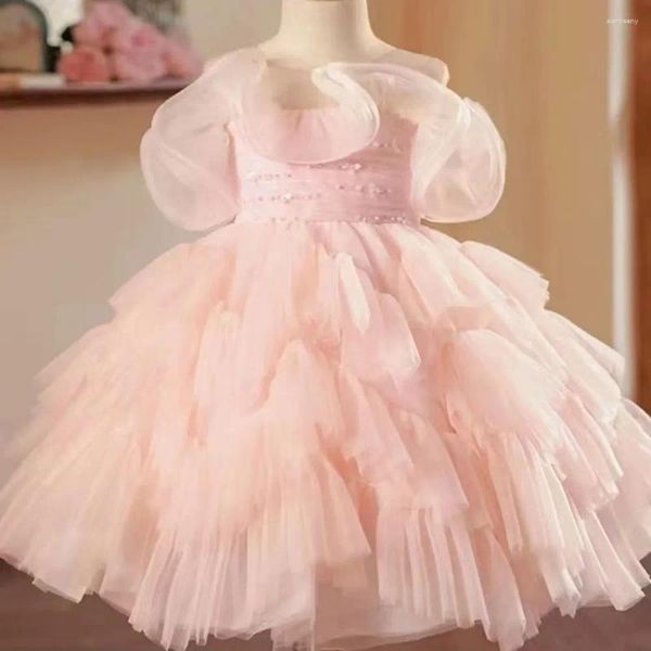 Vestidos de menina Jill Wish Elegante Árabe Rosa Vestido Frisado Dubai Bebê Crianças Princesa Casamento Festa de Aniversário Primeira Comunhão Vestido 2024 J222