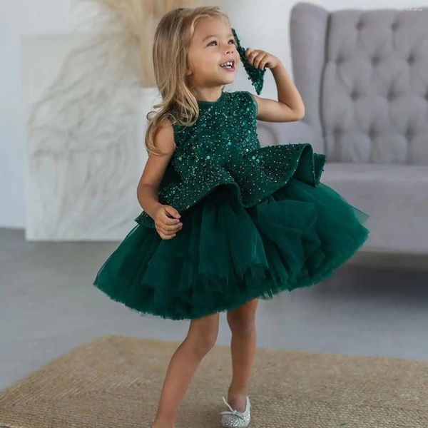 Vestidos da menina vestido de flor verde esmeralda para cunha inchado em camadas arcos glitter lantejoulas sem mangas aniversário crianças pogal vestido de baile