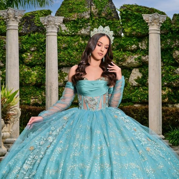 Aqua Blue Glitter Kristall Pailletten Quinceanera Kleider Ballkleid Schulterfrei Perlen Tull Korsett Vestidos 15 De XV Jahre