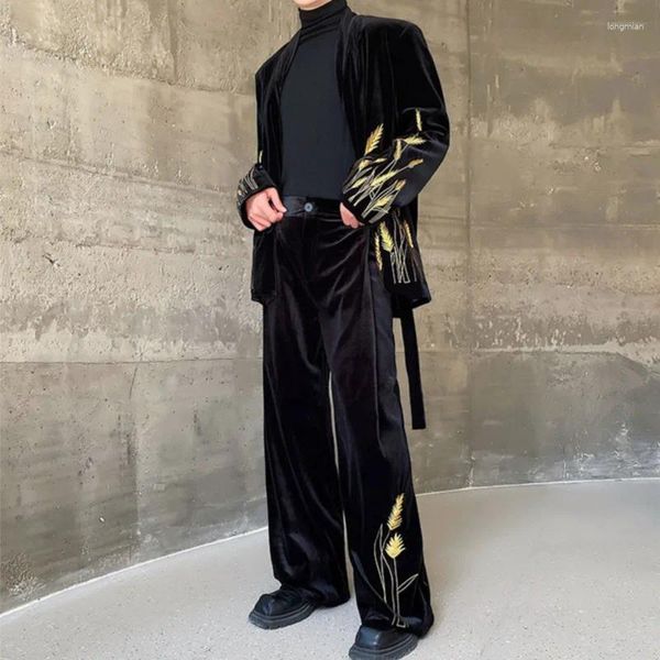 Мужские спортивные костюмы NOYMEI в китайском стиле Heavy Craft с вышивкой пшеничных ушей, бархатные наплечники, пиджак, широкие брюки, комплект из двух предметов, мужской WA3957
