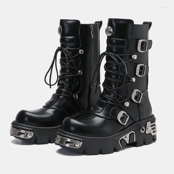 Botas 2024 Retro Autêntico Couro Estilo Britânico High Leg Street S Metal Motocicleta Punk Workwear Plataforma Rock Mulheres