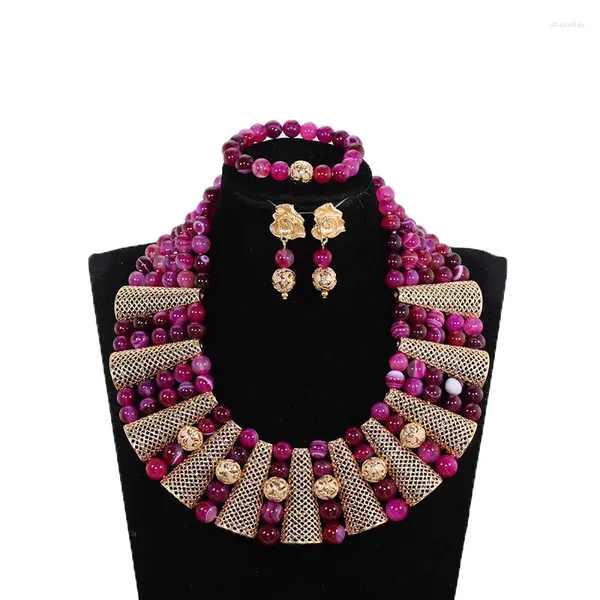 Collana orecchini set moda donna gioielli festa di nozze rosa rosa perline pietra grosso dichiarazione gotica ABH778