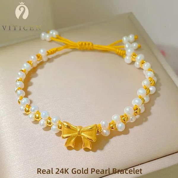 VITICEN Originale 24K Oro 999 Perle D'acqua Dolce Naturali Braccialetto Bowknot Regalo Di Natale Presente Per La Donna Gioielleria Raffinata 240311