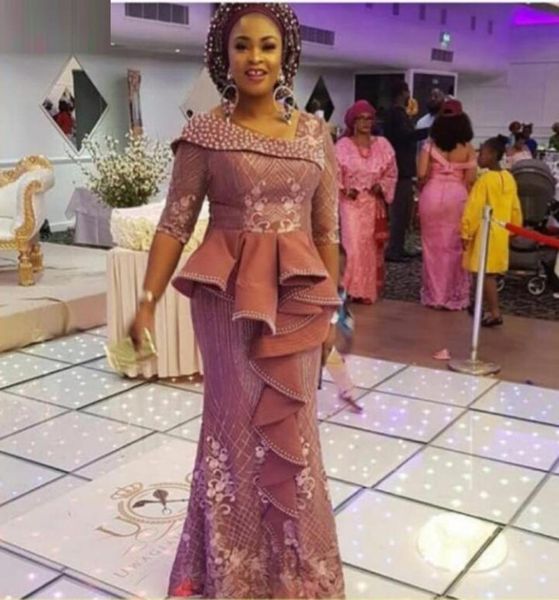 Afrikanische Frauen Meerjungfrau Abendkleider mit langen Ärmeln Schößchen Major Beadings Applikationen Spitze Prom Aso Ebi Party Kleider8853286