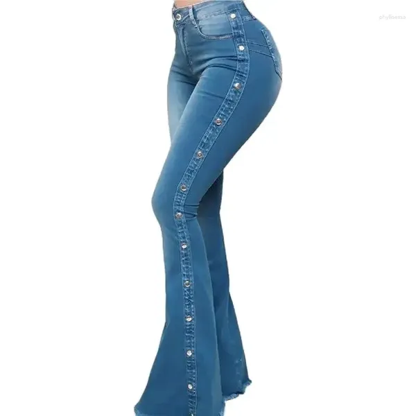 Jeans da donna Moda Fibbia con borchie laterali Decorazione Svasata Pantaloni a gamba larga da donna Pantaloni in denim a vita alta Streetwear casual chic quotidiano