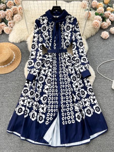 Повседневные платья, женское элегантное темно-синее платье с принтом, французский рубашечный воротник с длинным рукавом и цветочным принтом, винтажный вечерний халат трапециевидной формы