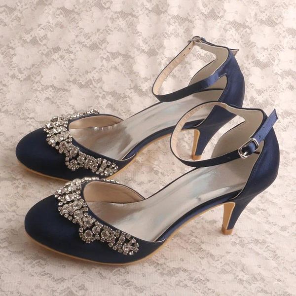 Sapatos sociais Wedopus sua própria marca online Navy Satin Kitten Heel Party