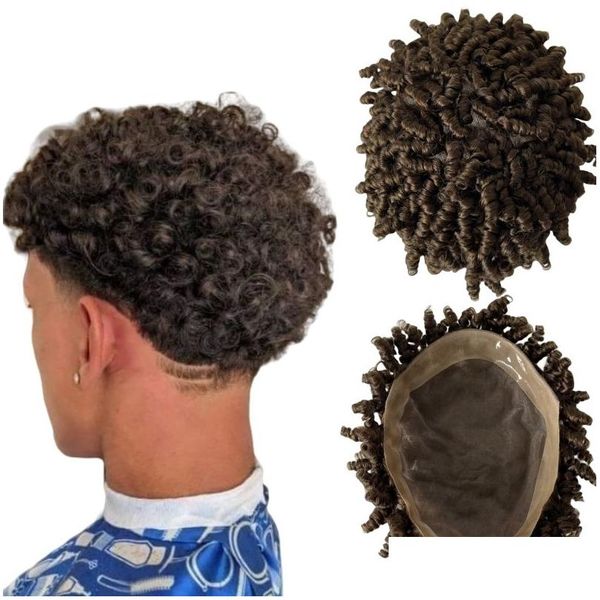 Mens Childrens Wigs Indiano Virgem Humano Substituição de Cabelo Médio Cor 4 Spiral Curl 8x10 Mono com Pu Toupee para Homens Negros Drop D Otvhk