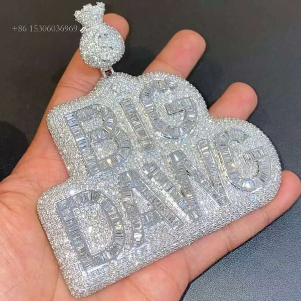 Hip hop gelado nome personalizado fazer passagem testador de diamante vvs baguette sier moissanite carta pingente colar conjunto