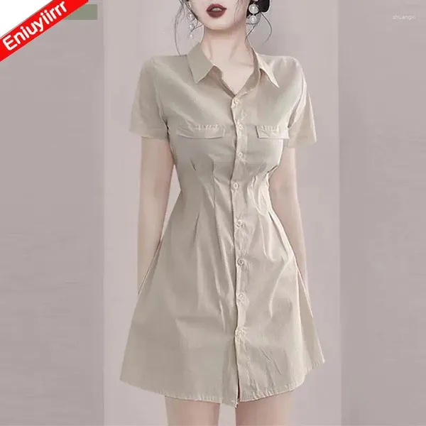 Vestidos de festa escritório senhora camisa básica desgaste francês design mulheres magro botão pequeno mini vestido