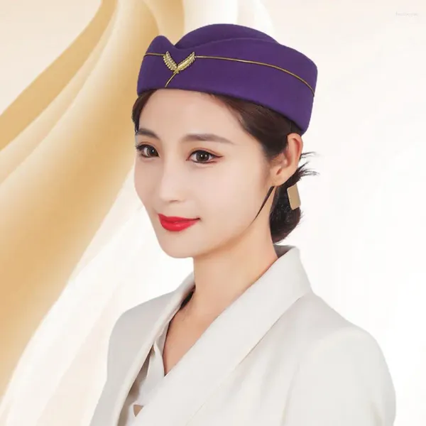 Berets Stewardess Chapéu Elegante Bordado Crachá Decorativo Dress Up Woolen Mulheres Air Hostess Boina Uniforme Formal Cap para Desempenho