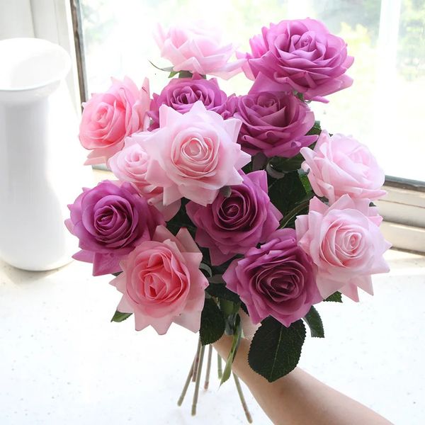 15pc Real Touch Ramo di rosa Lattice Bouquet di rose artificiali Decorazione casa Festa di nozze San Valentino Regalo di compleanno Fiori finti 240309