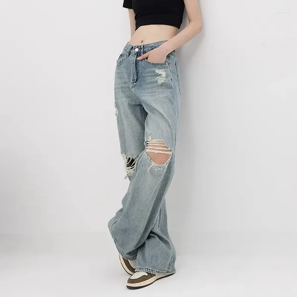 Damenjeans WCFCX STUDIO High-Waist Streetwear Ripped Y2k Baggy Vintage Blau Mode Freizeithose Korean Mom