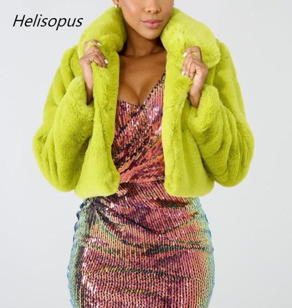 Helisopus moda verde limão curto jaqueta feminina inverno quente casaco de pele sintética fluorescente cardigan recortado jaqueta fofo teddy coats4915286