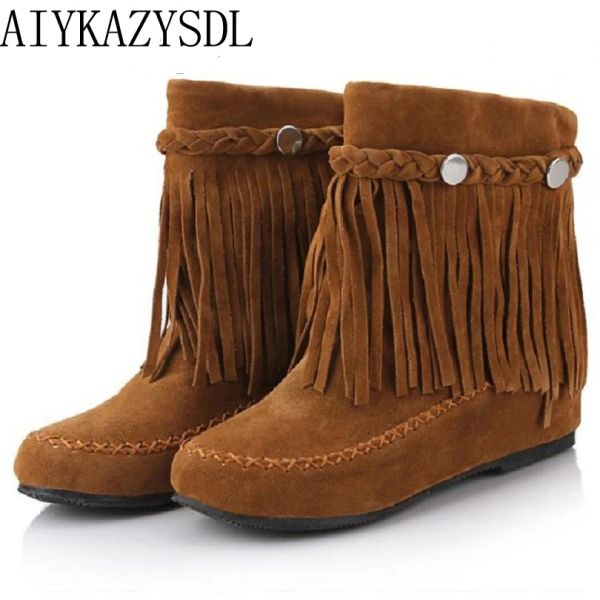 Boots aiykazysdl Bohemian cigano boho nacional étnico mulheres borla margem falsa camurça de camurça de couro botas de tornozelo garotas de garotas